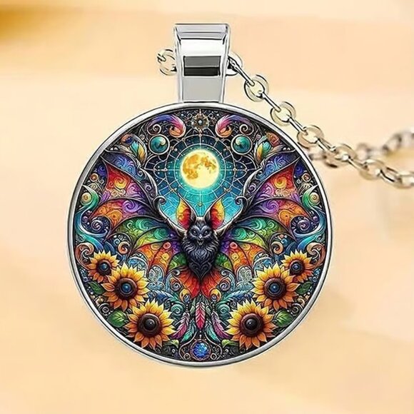 Silver BAT Halloween Glass Cabochon Pendant Necklace - Picture 1 of 3